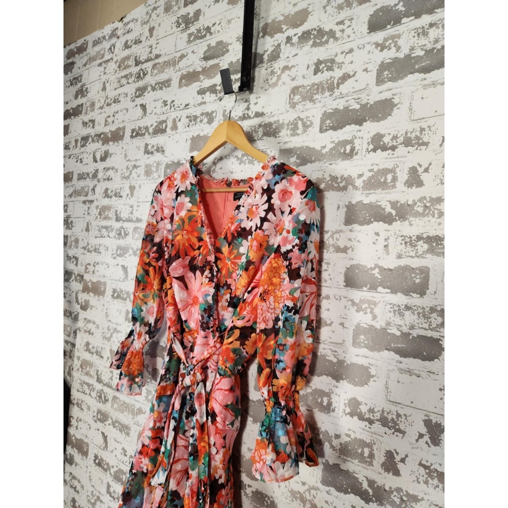 Tahari Arthur S. Levine Faux Wrap Dress Size 8 Red Pink Floral Belted 3/4 Sleeve - Picture 5 of 16